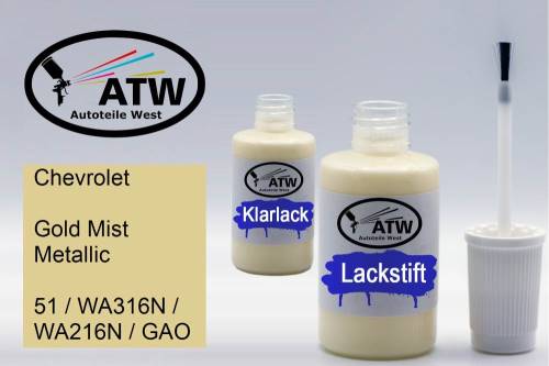 Chevrolet, Gold Mist Metallic, 51 / WA316N / WA216N / GAO: 20ml Lackstift + 20ml Klarlack - Set, von ATW Autoteile West.